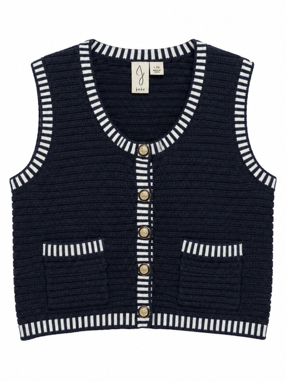 Joie Navy Knit Buttoned Vest with White Stripe Trim